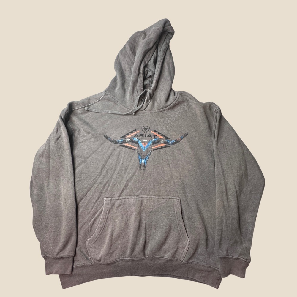 Ariat Hoodie Mens XL Horns Southwest Swtshrt Gray Graphic Pullover 10041723